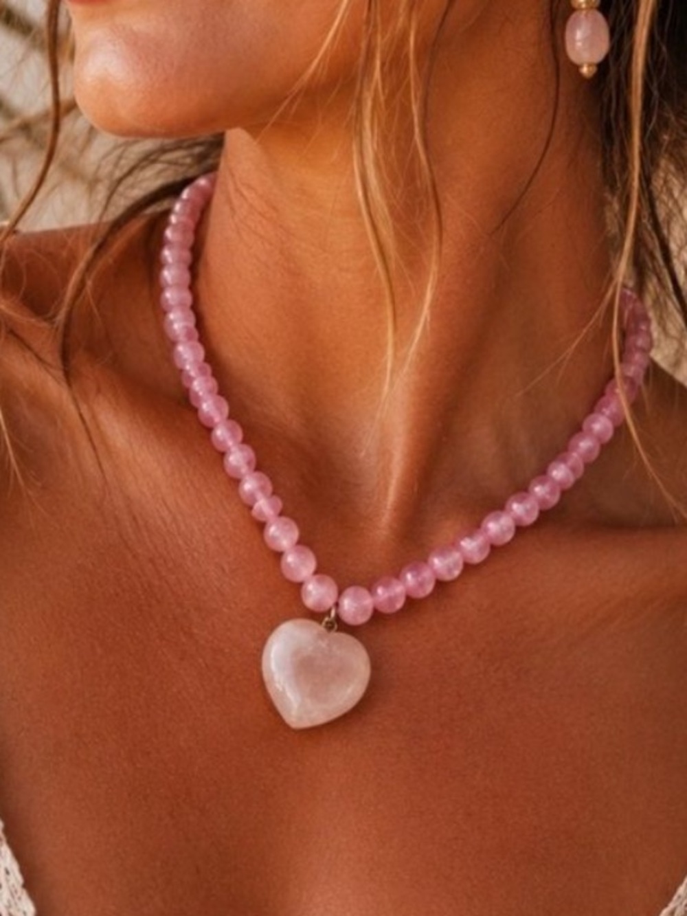 Mayamar Rose Quartz Heart Beaded Necklace (nwt)